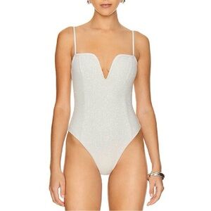 DEVON WINDSOR JOELLE ONE PIECE SWIMSUIT Champagne Glitter V Neck Size XS